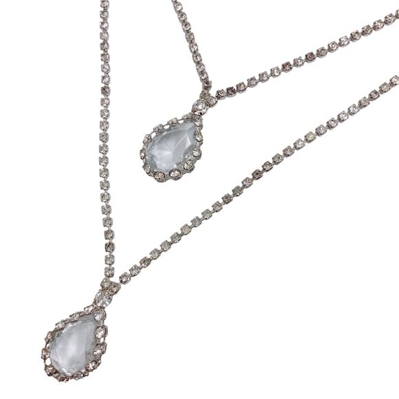 Vintage 50s Layered Necklace, Glass Teardrop Pendants, Prong-Set Rhinestones - Picture 1 of 9